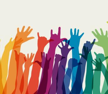 Illustratie van opgestoken handen in regenboogkleuren