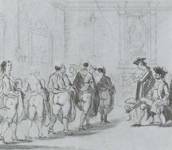 ‘Prins Eugenius van Savoye in het etablissement van Madame Traese op de Prinsengracht te Amsterdam. Tekening van Cornelis Troost (ca. 1720) Amsterdam, Rijksmuseum inv. nr. A 4220. In: Jacob Campo Weyerman, Opkomst en val van een koffiehuisnichtje, p. 23.