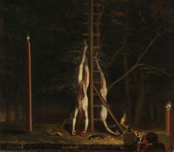 De lijken van de broers De Witt, opgehangen aan de galg. Schilderij van Jan de Baen.  De lijken; Schilderij Jan de Baen, Collectie Rijksmuseum