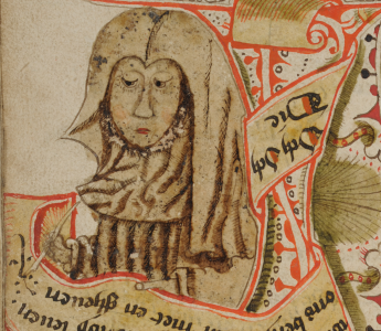 Een miniatuur van de heilige Barbara als schrijvende non, uit een handschrift uit het Maastrichtse klooster Maagdendries. De non heeft een ganzenveer in haar hand en schrijft op een boekrol die voor haar ligt, waardoor wij de tekst ondersteboven zien. (Brussel, KB : II 4334)