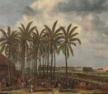 Schilderij: "Het kasteel van Batavia" toont een markt in de buitenlucht. Onder palmbomen lopen tientallen vrije en slaafgemaakte mensen. Op de achtergrond is een vesting te zien, kasteel of fort Batavia, het administratieve centrum van de VOC.