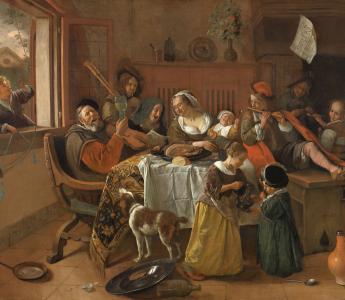 Een schilderij van Jan Steen waar muziek in zit. Het vrolijke huisgezin, Jan Havicksz. Steen, 1668. Collectie Rijksmuseum Amsterdam.