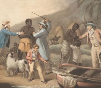 Afrikaanse familie wordt gescheiden door Europese slavenhandelaren, John Raphael Smith, naar George Morland, 1791.