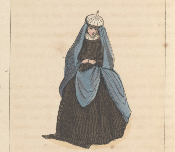 Van Elisabeth Hoofman is geen portret bekend. Deze illustratie toont een doopsgezinde 17e-eeuwse vrouw uit Nederlandsche vrouwen. Een boekje voor meisjes (1855). 