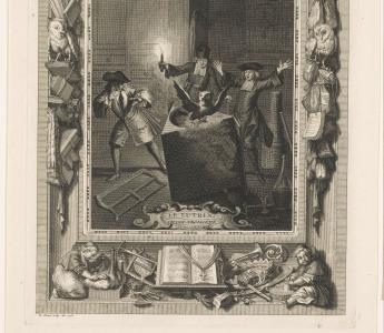 'Uil vliegt uit lessenaar', ets en gravure (atelier van) Bernard Picart, 1728.