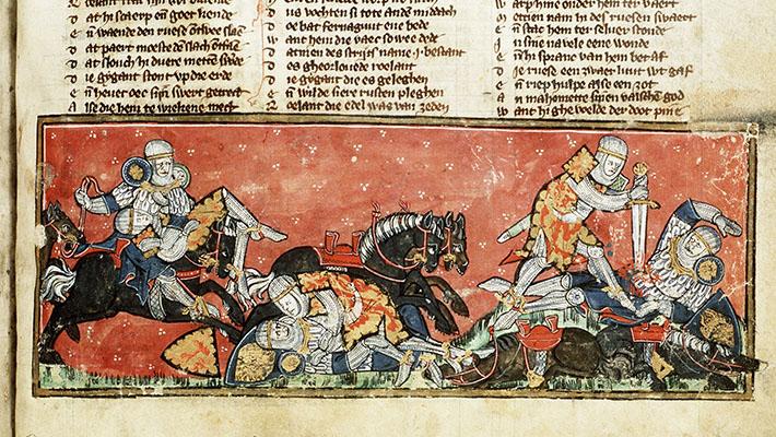 Detail met vechtende ridders uit handschrift Den Haag KB, KA XX (= Jacob van Maerlant, Spiegel historiael), fol. 214r 