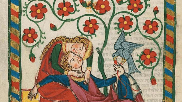 Lovebirds in the 14th-century Codex Manesse (Cod. Pal. germ. 848, f. 249v). Universitätsbibliothek Heidelberg, CC BY-SA