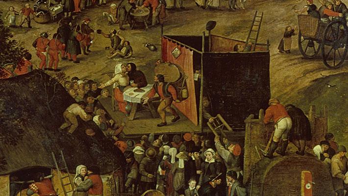 Detail uit het schilderij “Boerenkermis met een opvoering van de klucht ‘Een cluyte van Plaeyerwater’” van Pieter Baltens 