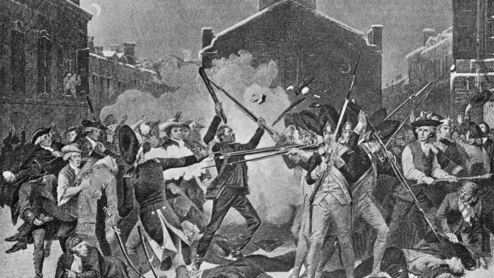 Afbeelding uit 1896 met het bloedbad in Boston in 1770 dat deel uitmaakte van de Amerikaanse Revolutionaire Oorlog
