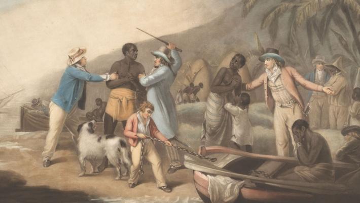 Afrikaanse familie wordt gescheiden door Europese slavenhandelaren, John Raphael Smith, naar George Morland, 1791.