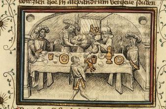 Alexander de Grote wordt vergiftigd. Afbeelding uit een Nederlandse bijbelvertaling waaraan, zoals vaker gebeurde, verhalen over Alexander de Grote zijn toegevoegd. Hs. Den Haag, Koninklijke Bibliotheek, 78 D 38 II, f. 80v.