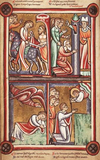 Terwijl Servaas ligt te slapen, schermt een engel in de vorm van een adelaar hem af van de zon. Miniatuur in een Franse bijbel uit circa 1200.  Hs. Den Haag, Koninklijke Bibliotheek, 76 F 5, f. 37v.
