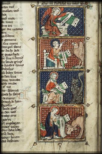  De vier evangelisten worden ieder begeleid door een eigen symbool. Van boven naar beneden zien we hier Mattheus met een engel, Johannes met een adelaar, Marcus met een leeuw, en Lucas met een stier. Deze afbeelding markeert het begin van het levensverhaal van Jezus in de Rijmbijbel van Jacob van Maerlant. .  Hs. Den Haag, Museum Meermanno, 10 B 21, f. 117v.