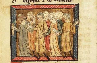 Rondedans door een hoofs gezelschap. Miniatuur uit een handschrift met de Roman de la Rose.  Hs. Den Haag, Koninklijke Bibliotheek, 120 D 13, f.6v.