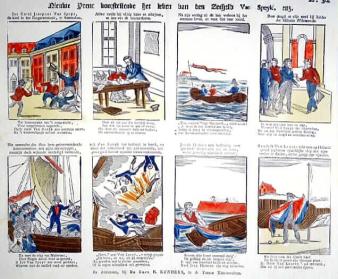   Veel poëzie werd geschreven naar aanleiding van de heldendood van Jan van Speijk in de Belgische Opstand, die zichzelf en zijn schip opblies, liever dan in handen van de Belgen te vallen. Hier een rijmprent voor kinderen. (Atlas van Stolk 12591).  Atlas van Stolk