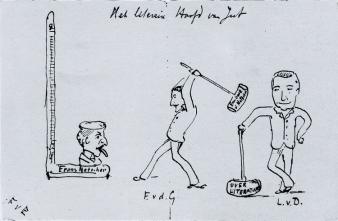 Tekening (van Frederik van Eeden), waarop Frans Netscher de Kop van Jut is, die met hamers bewerkt wordt door Frank van der Goes en Lodewijk van Deyssel.