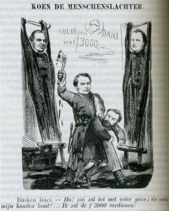 Conrad Busken Huet afgebeeld als ongenadig criticus.  Spotprent in Uilenspiegel van 17 februari 1872. In: Olf Praamstra, Busken Huet, een biografie. Amsterdam 2007, p. 512.