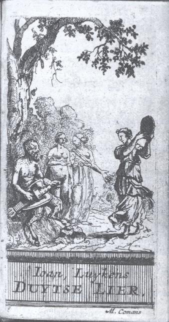De gegraveerde titelpagina van Luykens debuut Duytse Lier (1672): de sater met draailier op schoot kondigt de erotische inhoud van de dichtbundel aan.