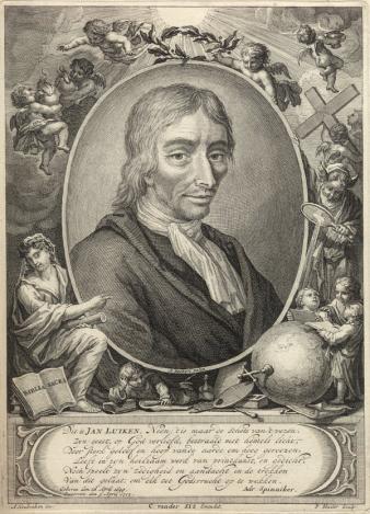 Portret van Jan Luyken door Pieter Sluyter (1712-1713): rondom hem zien we onder meer een kruisteken dat verwijst naar zijn geloofsovertuiging, maar ook  boeken en teken- en schildersbenodigdheden die zijn professionele leven als dichter en graveur in beeld brengen. 