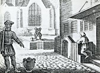 Op deze gravure van de Warenar-uitgave van 1695 zijn twee scènes gecombineerd. Warenar komt met zijn pot aan en begraaft die, zijn knecht ziet alles. Het tafereel speelt zich af in hartje Amsterdam, bij de Nieuwe Kerk.  Gravure uit toneelstuk Warenar (Warenar begraaft pot). In: P.C. Hooft, Warenar. Geld en liefde in de Gouden Eeuw. Red. Lia van Gemert en Marijke Meijer Drees. Amsterdam, Amsterdam University Press, 2002. Tekst in Context 6, p. 64
