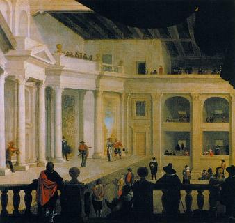 De Schouwburg in 1653. Schilderij van Hans Jurriaensz. van Baden.  René van Stipriaan, Het volle leven. Prometheus, Amsterdam 2002, p. 166