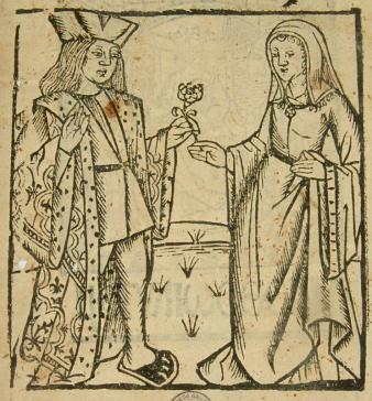 Houtsnede met Floris en Blancefloer in een uitgave van Jan van Doesborch uit ca. 1517.  Gent, Universiteitsbibliotheek, Res. 219.