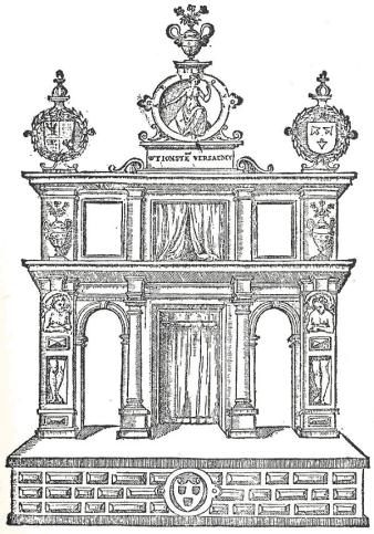 Podium van het Antwerpse Landjuweel van 1561. Bovenaan staat de spreuk van de rederijkerskamer De Violieren: ‘Wt ionsten versaemt’ (‘Uit genegenheid [voor de kunst] samengekomen’).