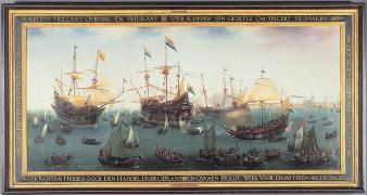 Schilderij van de terugkeer van de eerste vloten uit Azië in de Amsterdamse haven in 1599.