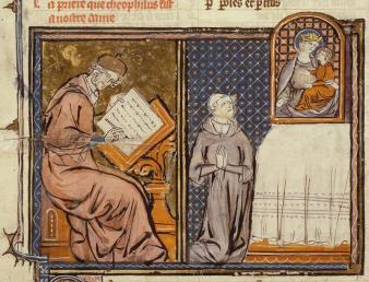 Theophilus bidt bij een altaar tot Maria, om verlost te worden van de duivel. Miniatuur in een handschrift met de Miracles de Nostre Dame van Gautier de Coinci, een Franse verzameling met verhalen over wonderen die met Maria te maken hebben. Parijs, 1327. Collectie KB Den Haag.