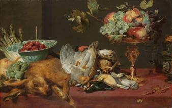 Frans Snijders (1579-1657), Stilleven met klein dood wild en vruchten. Rijksmuseum.