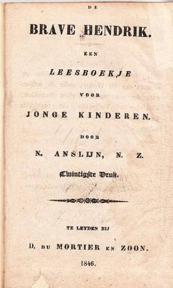 Titelpagina van "De brave Hendrik" (°1810) door Nicolaas Anslijn. D. du Mortier en Zoon, 20ste druk (1846). 