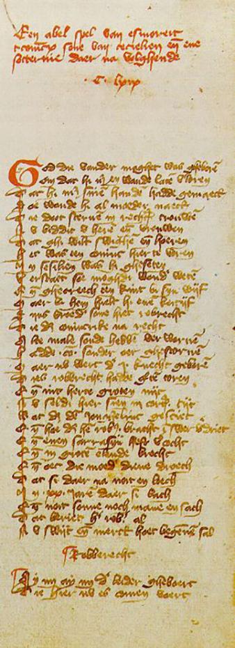 Opschrift boven de Esmoreit in het handschrift-Van Hulthem.  Hs. Brussel, Koninklijke Bibliotheek van België, 15.589-623, f. 170v.