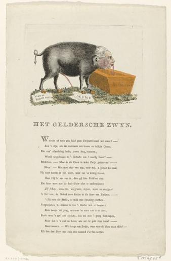Willem V afgebeeld als Gelders zwijn 