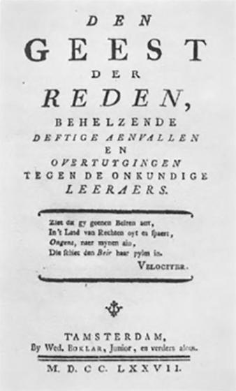 Titelblad van het werk dat Jozef de Wolf in diskrediet zou brengen: Den geest der reden.
