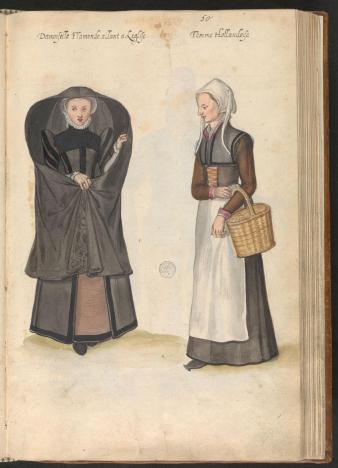 Pagina met aquarellen van vrouwen in Vlaamse en Hollandse klederdracht