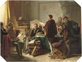 19e eeuwse geromantiseerde voorstelling van Marnix van Sint-Aldegonde die het Wilhelmus voordraagt aan Willem van Oranje, door Jacob Spoel 1865 - 1870.