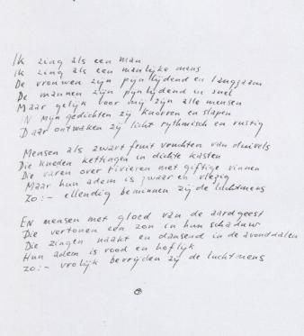 Handschrift van een gedicht van Lucebert, dat, in gewijzigde vorm, onder de titel ‘Bewoners’ zou worden opgenomen in zijn bundel Van de afgrond en de luchtmens (1953).  Uit: Anton Korteweg en Murk Salverda (red.), 't Is vol van schatten hier... (2 delen). De Bezige Bij / Nederlands Letterkundig Museum en Documentatiecentrum, Amsterdam / 's-Gravenhage 1986. Deel 2, p. 131