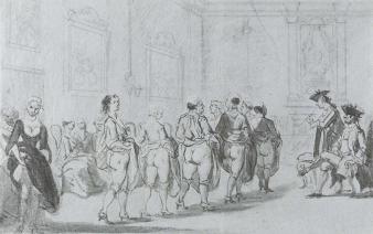 ‘Prins Eugenius van Savoye in het etablissement van Madame Traese op de Prinsengracht te Amsterdam. Tekening van Cornelis Troost (ca. 1720) Amsterdam, Rijksmuseum inv. nr. A 4220. In: Jacob Campo Weyerman, Opkomst en val van een koffiehuisnichtje, p. 23.