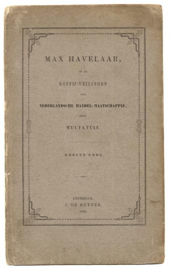 Omslag van de eerste druk van Max Havelaar door Multatuli, Amsterdam: J. de Ruyter 1860