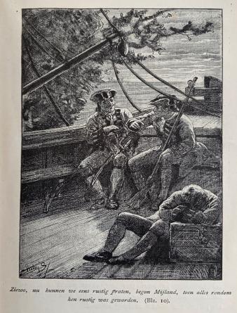 Illustratie uit het boek: de twee hoofdpersonen Mijland en Driessen praten.