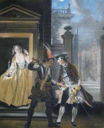 De omkopingsscène uit het tweede bedrijf van het blijspel Hopman Ulrich of de bedrogen gierigheid van Johan van Paffenrode