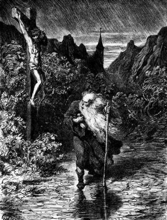 De wandelende jood, houtsnede van Gustave Doré, ca. 1856.