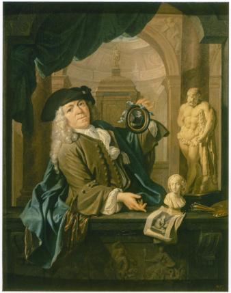 Portret van Arnoud van Halen (1673-1732), met een door hem geschilderd miniatuur van Vondel in zijn linkerhand en het kabinet op de achtergrond.  Collectie Poesjkinmuseum Moskou, Christoffel Lubieniecki, 1725.