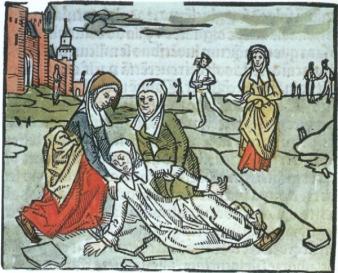 Liedewij valt op het ijs tijdens het schaatsen. De rest van haar leven moet ze het bed houden. Collectie Museum Catharijneconvent Utrecht.