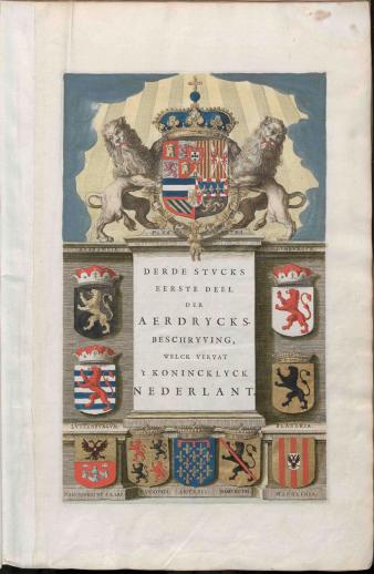 Afbeelding 3 - Titelblad met wapen van de Spaanse koning in de Atlas maior van Joan Blaeu.