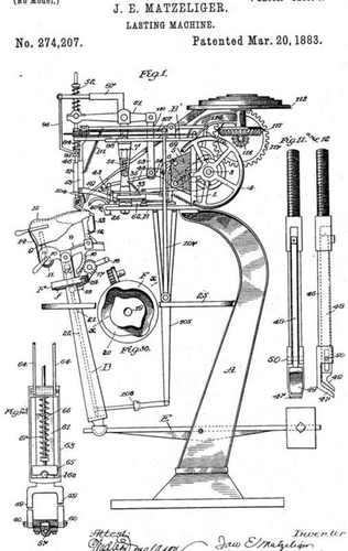 Tekening van de door Jan Ernst Matzeliger in 1883 uitgevonden schoenzwikmachine.