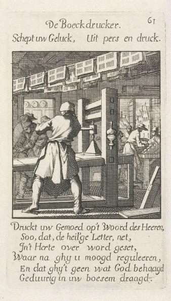Jan en Casper Luyken, ‘De boeckdrucker’. In: Het menselyk bedryf. Amsterdam, 1694.