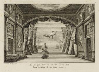 Gravure met het decor ‘De Leger tenten en de stille Zee’ waarop ook te zien is hoe een acteur als Hermes, de boodschapper der goden, boven het podium zweeft. 