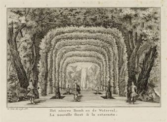 Gravure waarop het decor ‘Het nieuwe Bosch en de Waterval’ is afgebeeld en waarop de zinkluiken duidelijk zichtbaar zijn.