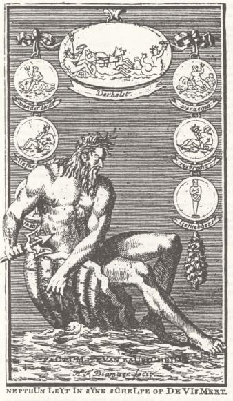 Gravure van een sneeuwsculptuur van Neptunus op de Antwerpse Vismarkt in 1716. 